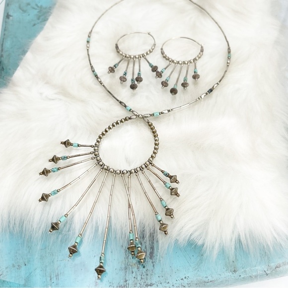 Old Pawn Sterling Silver Necklace/Earring Set Turquoise Heishi Beaded Dangles - Picture 7 of 10